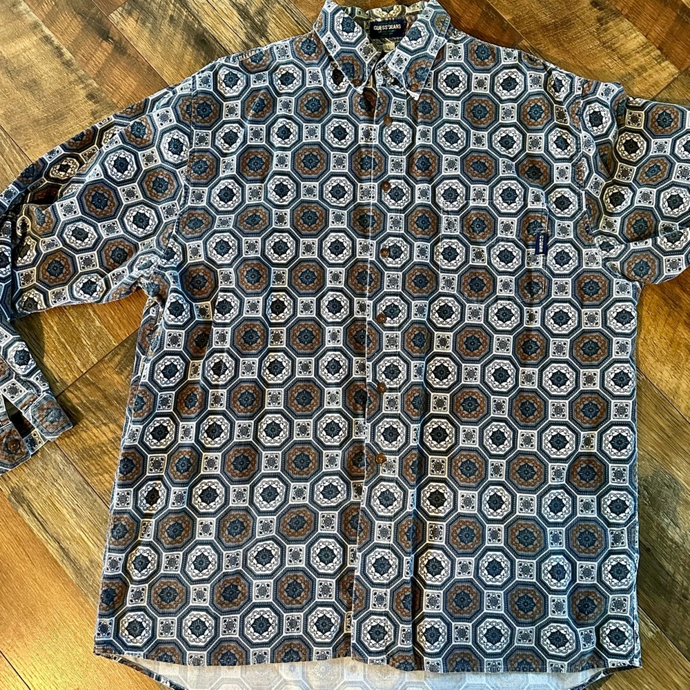 Vtg guess funky lightweight cord button down large